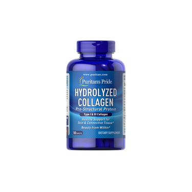 Puritan's Pride Hydrolyzed Collagen 1000 mg in a blue bottle supports skin and connective tissues, containing premium collagen peptides with 180 caplets.